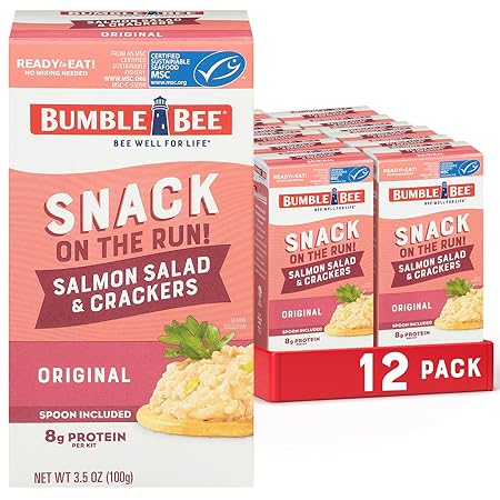 Bumble Bee Snack On The Run Salmon Salad with Crackers Kit (Pack of 12) - Ready to Eat Protein Snack Pack - 8g Protein per Box - Wild Caught MSC Certified Seafood
