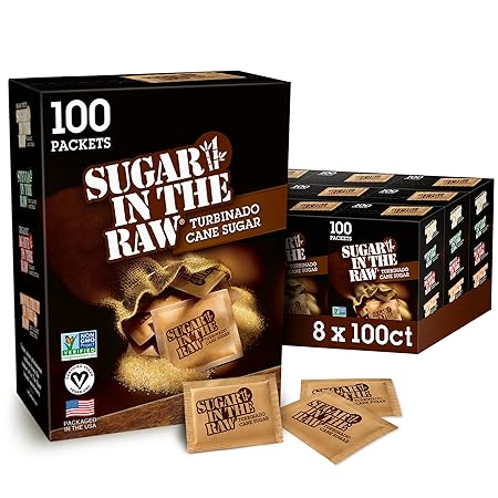 Sugar In The Raw Turbinado Cane Sugar Packets, 100 Ct Box, 8 Pack, Pure, All-Natural Turbinado Sugar, Non-GMO Project Verified, Kosher, Vegan and Gluten Free