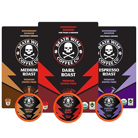 Death Wish Coffee, Single Serve Coffee - 10 Each of Medium, Dark, and Espresso Roast - Mixed Roast Variety Pack