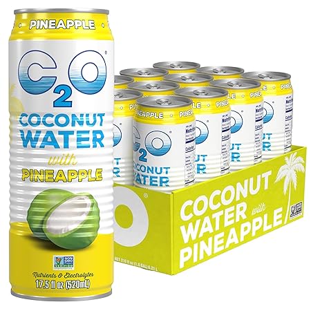C2O - Coconut Water with Pineapple (12 Pack) - Made with Fresh Coconut Water - Plant Based - Non GMO - Canned Water - Natural Hydration, Essential Electrolytes, & Potassium - 12 Cans, 17.5 FL OZ