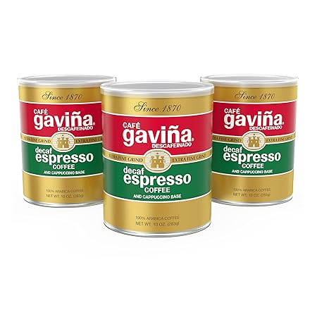 Café Gaviña Decaf Espresso Extra Fine Ground Coffee: 100% Arabica, Dark Roast, Low Acidity, Chocolate Notes - 3 x 10 oz Cans