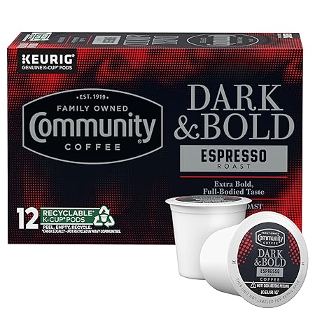 Community Coffee Dark & Bold Espresso Roast 12 Count Coffee Pods, Extra Dark Roast Compatible with Keurig 2.0 K-Cup Brewers, 12 Count (Pack of 1)
