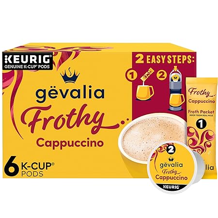 Gevalia Frothy 2-Step Artificially Flavored Cappuccino Espresso Style K‐Cup Coffee Pods & Froth Packets Kit, 6 ct. Box