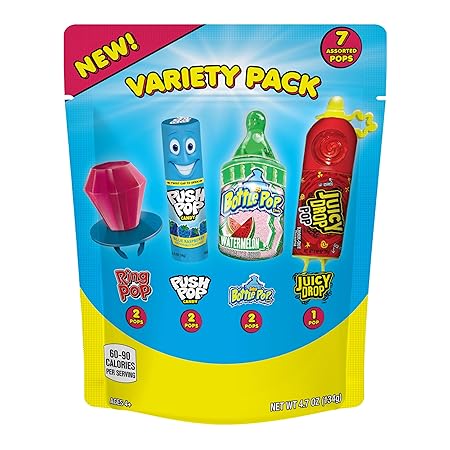 Halloween Candy Variety Pack Bag, 7 Ct Bulk Individually Wrapped Lollipops, Ring Pop, Push Pop, Baby Bottle Pop & Juicy Drop, Birthday Party Favors, Trick or Treat, Halloween Candy Bowls, Kids Gifts