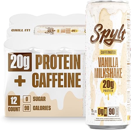 Spylt High Protein Vanilla Milkshake with 60mg Caffeine & 20g Protein - 90 Calories, Ready to Drink, Sugar Free, Lactose Free Milk, Perfect for Workout Recovery & Afternoon Pick Me Up - 12 Count