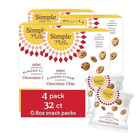 Simple Mills Almond Flour Mini Chocolate Chip Cookie Snack Packs, Healthy Halloween Snacks for Kids, Individual Packs, Gluten Free, 8ct (Pack of 4)