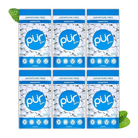 PUR Gum | Aspartame Free Chewing Gum | 100% Xylitol | Natural Peppermint Flavored Gum, 55 Pieces (Pack of 6)