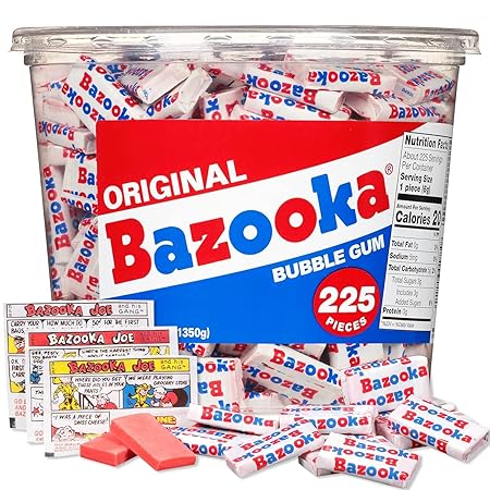 Bazooka Bubble Gum Bulk, Halloween Candy Bulk, 225 Count Tub of Chewing Gum Individually Wrapped, Old Fashioned 90's Candy for Baseball, Party Favors, Goodie Bags, Trick or Treating