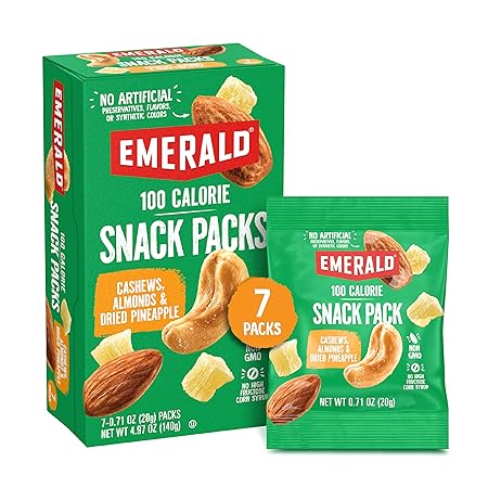 Emerald Nuts Cashews and Almonds with Dried Pineapple 7 Ct (1-Pack), 100-Calorie Individual Packs of Mixed Nut Blend and Dried Fruit