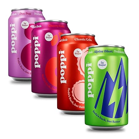 Poppi Sparkling Prebiotic Soda Beverage with Apple Cider Vinegar, Seltzer Water and Fruit Juice, Soda Staples Variety Pack, 12 FL Oz, Pack of 12, Packaging May Vary