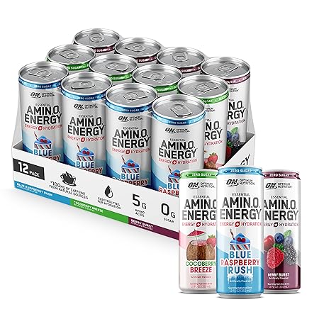 Optimum Nutrition Amino Energy Sparkling Hydration Drink, Electrolytes, Caffeine, Amino Acids, BCAAs, Sugar Free, 12 Fl Oz, Berry Variety Pack of 12 (Packaging May Vary)