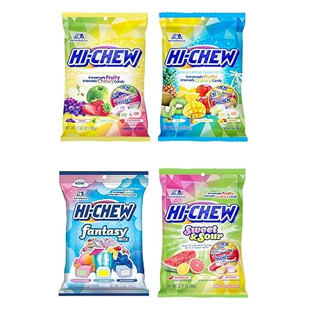 HI-CHEW Variety Mix, Pack of 4 Bags - 17 Flavor Assort Sweet and Sour Chewy Halloween Candy, Unique Fun Soft - Immensely Juicy Fruity Candy Flavors - Individually Wrapped for Sharing