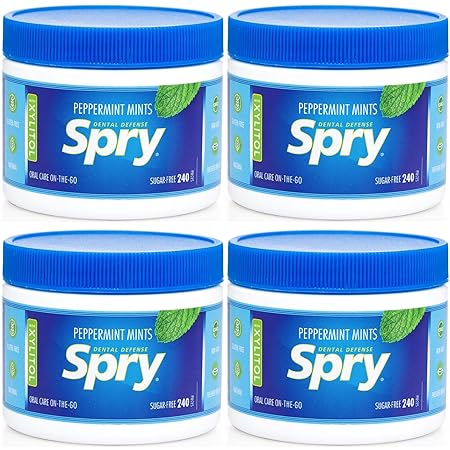 Spry Xylitol Peppermint Sugar Free Candy - Promote Oral Health, Increase Saliva Production, Stop Bad Breath, Non-GMO, Gluten-Free, 240 Count (Pack of 4)