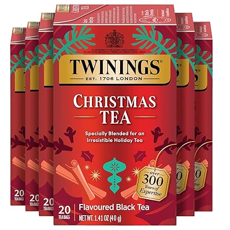 Twinings Christmas Black Tea Individually Wrapped Bags, 20 Count (Pack of 6), Aromatic Cinnamon & Clove, Caffeinated, Enjoy Hot or Iced, 120 Teabags