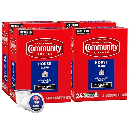 Community Coffee House Blend 96 Count Coffee Pods, Medium Dark Roast, Compatible with Keurig 2.0 K-Cup Brewers, 24 Count (Pack of 4)