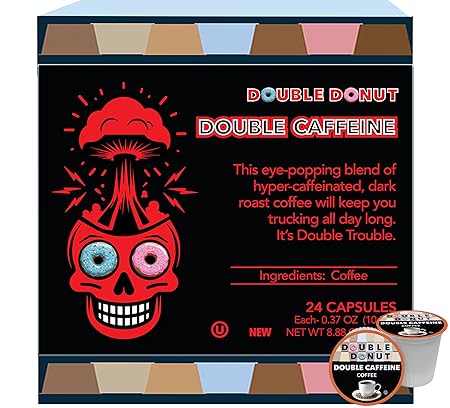 Double Donut High Caffeine Coffee Pods, Extra Strong Double Caffeine Coffee Cups for Keurig K Cup Brewer Machines Single Serve Dark Roast Coffee, 24 Count