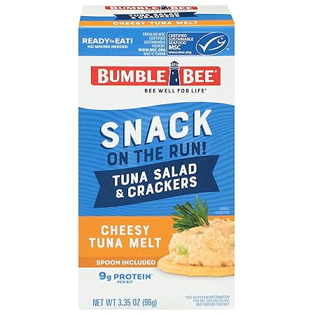 Bumble Bee Snack On The Run Cheesy Melt Tuna Salad with Crackers Kit - Ready to Eat Protein Snack Pack - 9g Protein per Box - Wild Caught MSC Certified Tuna