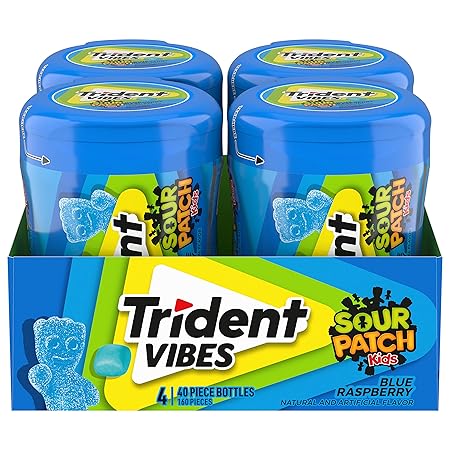 Trident Vibes SOUR PATCH KIDS Blue Raspberry Sugar-Free Chewing Gum, 4 Bottles of 40 Pieces (160 Total Pieces)