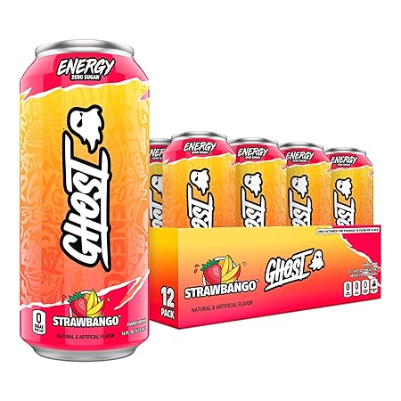 GHOST Energy Drink - 12-Pack, Strawbango, 16oz - Energy & Focus & No Artificial Colors - 200mg of Natural Caffeine, L-Carnitine & Taurine - Gluten-Free & Vegan
