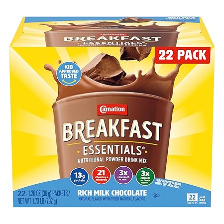 Carnation Breakfast Essentials Powder Drink Mix Rich Milk Chocolate, 22 Count Box of Packets (Packaging May Vary)