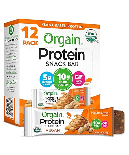 Orgain Organic Vegan Protein Bars, Peanut Butter - 10g Plant Based Protein, Low Calorie Healthy Snacks, No Lactose or Soy Ingredients, Gluten Free, Non-GMO - 1.41 Oz (Pack of 12)