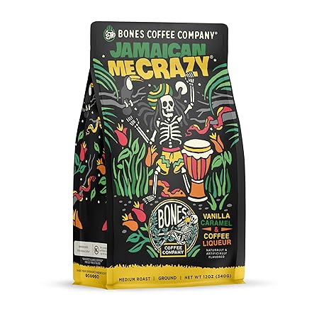 Bones Coffee Company Jamaican Me Crazy, Vanilla Caramel Flavored Coffee, Medium Roast Low Acid Arabica Beans Compatible with Auto drip and French Press Coffee Maker, 12 Oz Ground