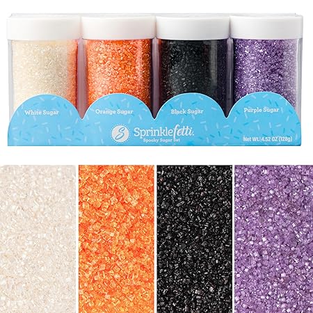 Sweets Indeed Halloween Sugar Sprinkles 4-Pack – 4.52 oz Spooky Sugar Set | White, Orange, Black & Purple Decorating Sugars | Edible Baking Decorations for Cookies, Cupcakes & Cakes