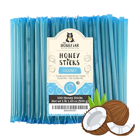 The Honey Jar Coconut Flavored Honey Sticks - Pure Honey Straws For Tea, Coffee, or a Healthy snack - One Teaspoon of Flavored Honey Per Stick - Made In The USA with Real Honey - (100 Count)