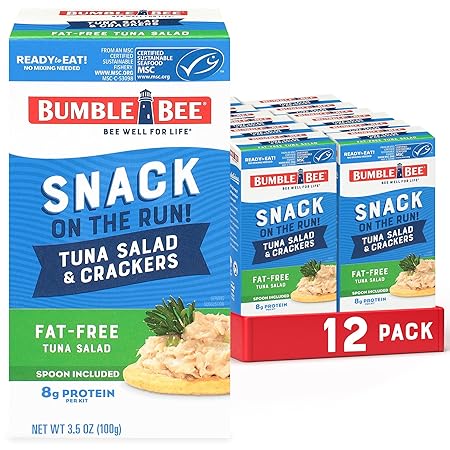 Bumble Bee Snack On The Run Fat-Free Tuna Salad with Crackers Kit- Ready to Eat, Spoon Included - Wild Caught Tuna - Shelf Stable & Convenient Protein Snack, 3.5 Ounce Boxes (Pack of 12)