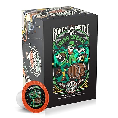 Bones Coffee Company Flavored Coffee Bones Cups Irish Cream Flavored Pods | 12ct Single-Serve Coffee Pods Compatible with Keurig 1.0 & 2.0 Keurig Coffee Maker