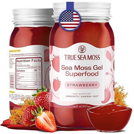 TrueSeaMoss Wildcrafted Irish Sea Moss SuperFood - Made with Premium Sea Vegetables - Vegan-Friendly, Supports Digestive Health - Made in USA (Strawberry, Pack of 1)