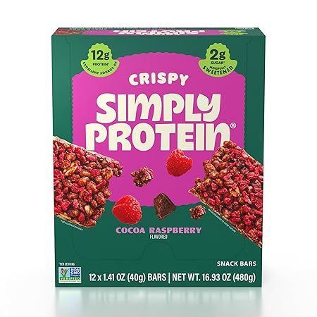 Simply Protein - Cocoa Raspberry Crispy Bars - Plant Based Protein Bars - Low Carb, Low Sugar, High Fiber - 13g Protein, 2g Sugar, 7g Fiber - Vegan, Gluten Free, Non GMO, Kosher - 12 Bars