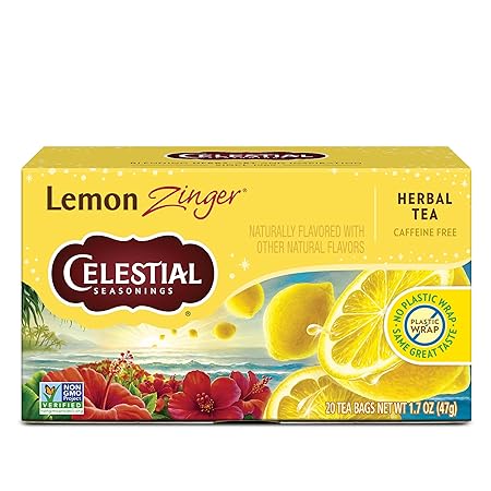 Celestial Seasonings Lemon Zinger Herbal Tea, Caffeine Free, 20 Tea Bags Box