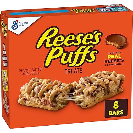 REESE'S Puffs Cereal Treat Bars, Peanut Butter and Cocoa, Snack Bars, 8 Ct, 6.8 oz