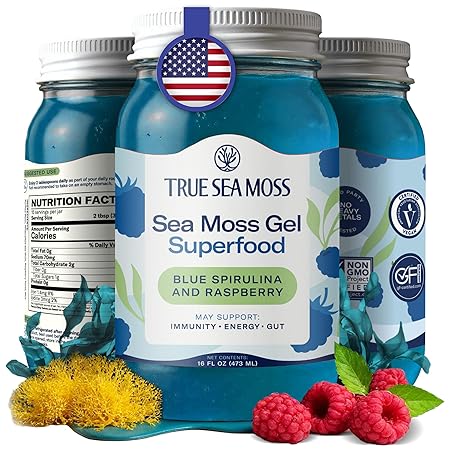 TrueSeaMoss Sea Moss Gel – Made in USA – Wildcrafted Seamoss, Fresh Fruits & Jarred Vegetables – Blue Spirulina, Pack of 1 (Labels may Vary)