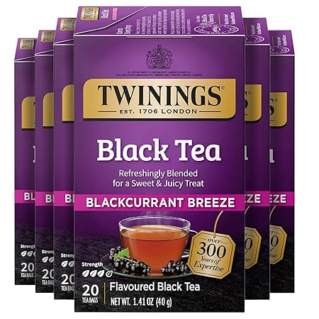Twinings Blackcurrant Breeze Black Tea Individually Wrapped Bags, 20 Count (Pack of 6), Sweet, Tangy Taste, Caffeinated, Enjoy Hot or Iced, 120 Teabags