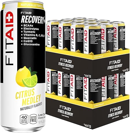 FITAID Recovery Blend, 100% Clean and Paleo Friendly, BCAAs, Glucosamine, Electrolyes, L-Glutamine, L-Arginine, Turmeric, Naturally Sweetened, Vegan 12 Fl Oz (Pack of 24)