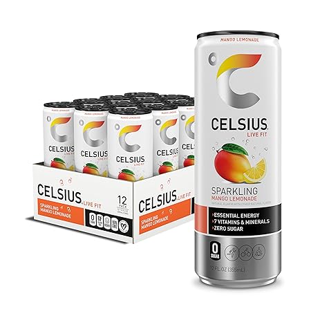 CELSIUS Sparkling Mango Lemonade, Sugar Free Energy Drink, 12 Fl Oz (Pack of 12)