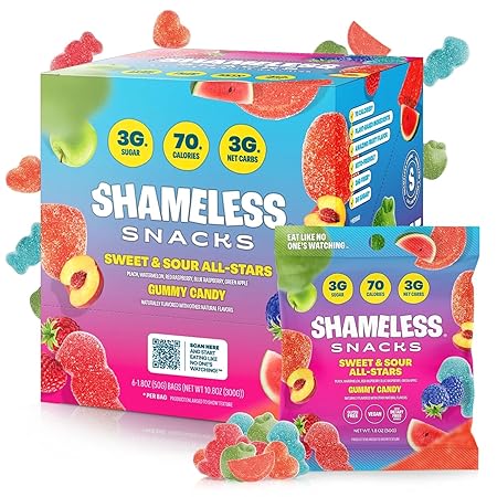 Shameless Snacks Sweet & Sour Allstars – Candy Variety Pack | Sour Gummy Candy | Healthy Vegan Snacks | Low Sugar Fruit Snack | 6-Pack, Gluten Free | Red Raspberry, Watermelon, Peach, Green Apple, Blue Raspberry