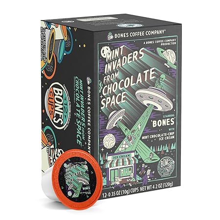 Bones Coffee Company Mint Invaders, Mint Chocolate Chip Flavored Coffee Pods, Low Acid Medium Roast Single-Serve Bones Cups, Compatible with Capsule Brewers Coffee Maker, 12 Count