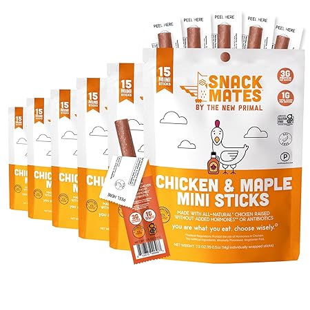 The New Primal Snack Mates Chicken & Maple Sticks, Gluten Free Healthy Snacks for Kids, Low Sugar High Protein Back to School Snacks, Mini Paleo Jerky Meat Stick, 25 Calories, 0.5 Ounce (Pack of 90)