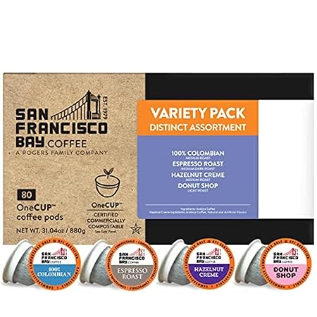 San Francisco Bay Compostable Coffee Pods - Assorted Variety Pack (80 Ct) K Cup Compatible including Keurig 2.0, Donut Shop, Colombian, Hazelnut, Espresso