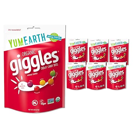 YumEarth Organic Giggles Chewy Candy - Allergy Friendly (Top 9 Free), No Artificial Dyes or Flavors, Non GMO, Gluten Free, Vegan Candy Snacks - 5 Ounce Bag (Pack of 6)