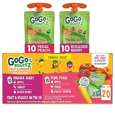 GoGo squeeZ Fruit & veggieZ Applesauce and Puree Variety Pack, Pedal Peach and Boulder Berry, 3.2 oz (Pack of 20), Unsweetened Snacks for Kids, BPA Free Pouches (Packaging May Vary)