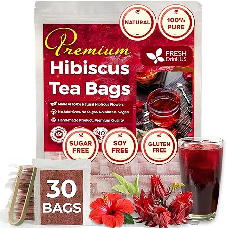 FreshDrinkUS, Premium 30 Hibiscus Flowers Tea Bags, 100% Natural & Pure from Hibiscus Flowers. Loose Flower Herbal Tea. No Sugar, No Caffeine, No Gluten, Vegan.