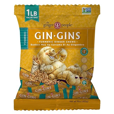 Gin GINS Spicy Turmeric Chewy Ginger Candy by The Ginger People – Anti-Nausea and Digestion Aid, Individually Wrapped Healthy Candy - Spicy Turmeric and Ginger Flavor, Large 1 lb Bag (16oz) - Pack of