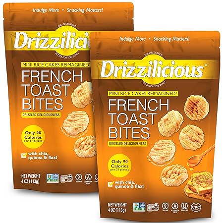 Drizzilicious Mini Rice Cakes French Toast - Rice Crisps, Healthy Snack for Adults and Kids, Flavored Rice Cakes, Vegan, Gluten Free, Allergen Free, Only 90 Calories Per Serving - 4 oz (Pack of 2)