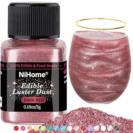 NiHome Edible Food-Grade Glimmer Powder Glitter Luster Dust Metallic Food Decorating Sprinkle Glimmery Dust for Drink Wine Beverage Cake Candy Dessert Bakery Restaurant Vegan (0.18oz/5g, Dark Red)
