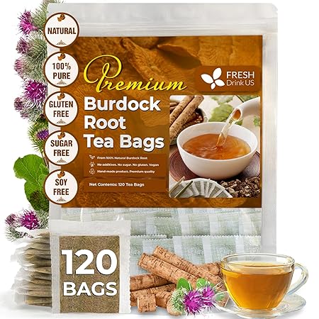 FreshDrinkUS, Premium 120 Burdock Root Tea Bags, 100% Natural & Pure, Herbal Tea. Made with Natural Material Tea Bags. No Sugar, No Caffeine, No Gluten, Vegan.