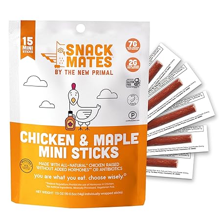 The New Primal Snack Mates Chicken & Maple Sticks, Gluten Free Healthy Snacks for Kids, Low Sugar High Protein Back to School Snacks, Mini Paleo Jerky Meat Stick, 7g Protein, 50 Calories, 15 Pack